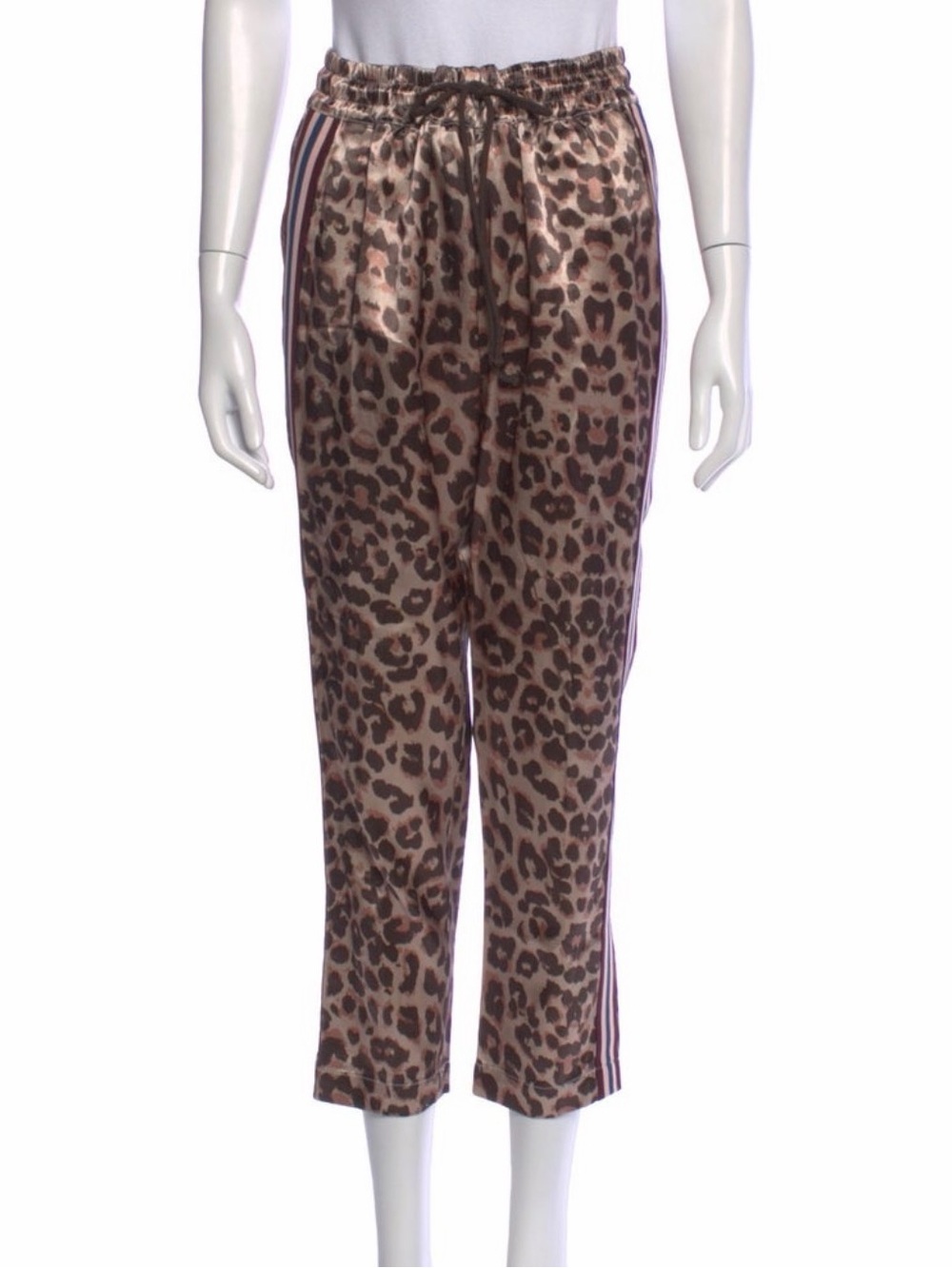 MOTHER Leopard Print Satin Cropped Track Pants with Side Stripes - Brown